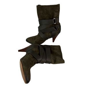 Mea Shadow Cassandra Suede Leather Harness Strap Kitten Heel Green Bootie Sz 8M